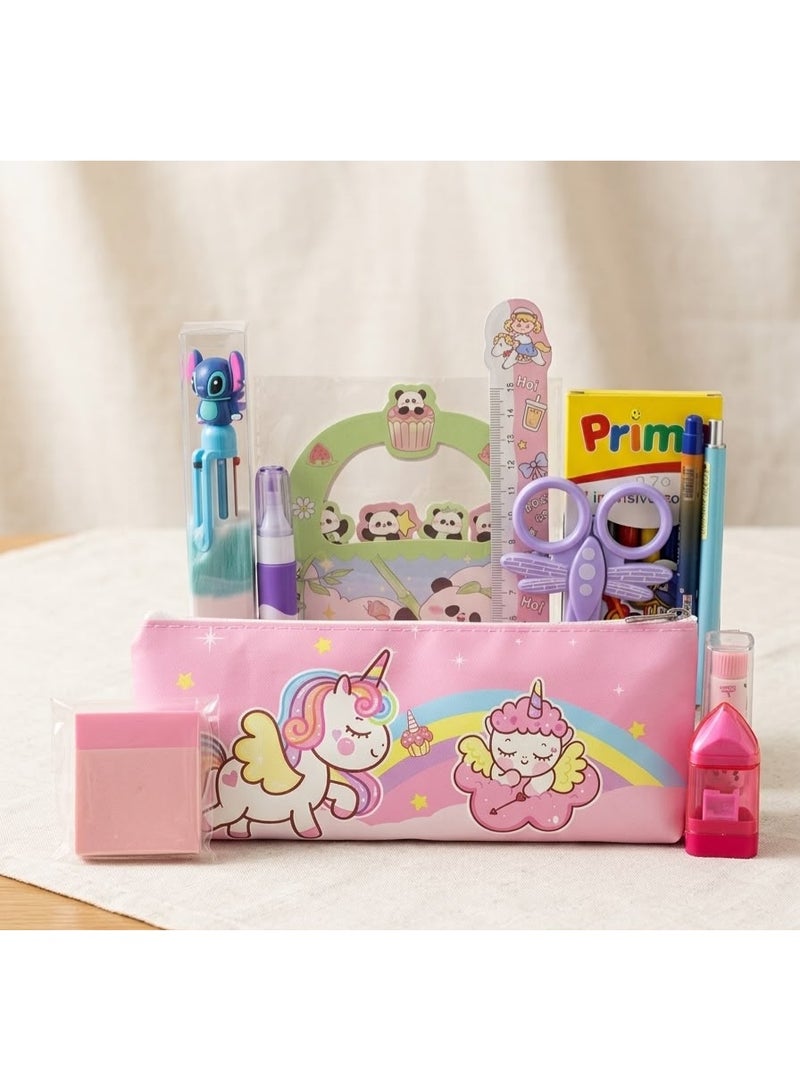 Pencil case + school supplies (scissors + ballpoint pen + mechanical pencil + correction fluid + 6-color pen + felt-tip pens + eraser + sharpener)
