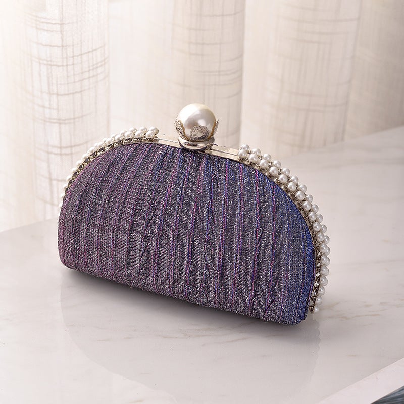 Elegant Pearl-Embellished Pleated Evening Clutch with Clasp Closure - Image 1