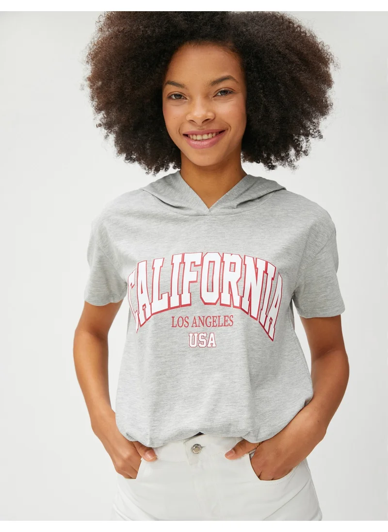 كوتون College Printed T-Shirt Crop Hooded Short Sleeve