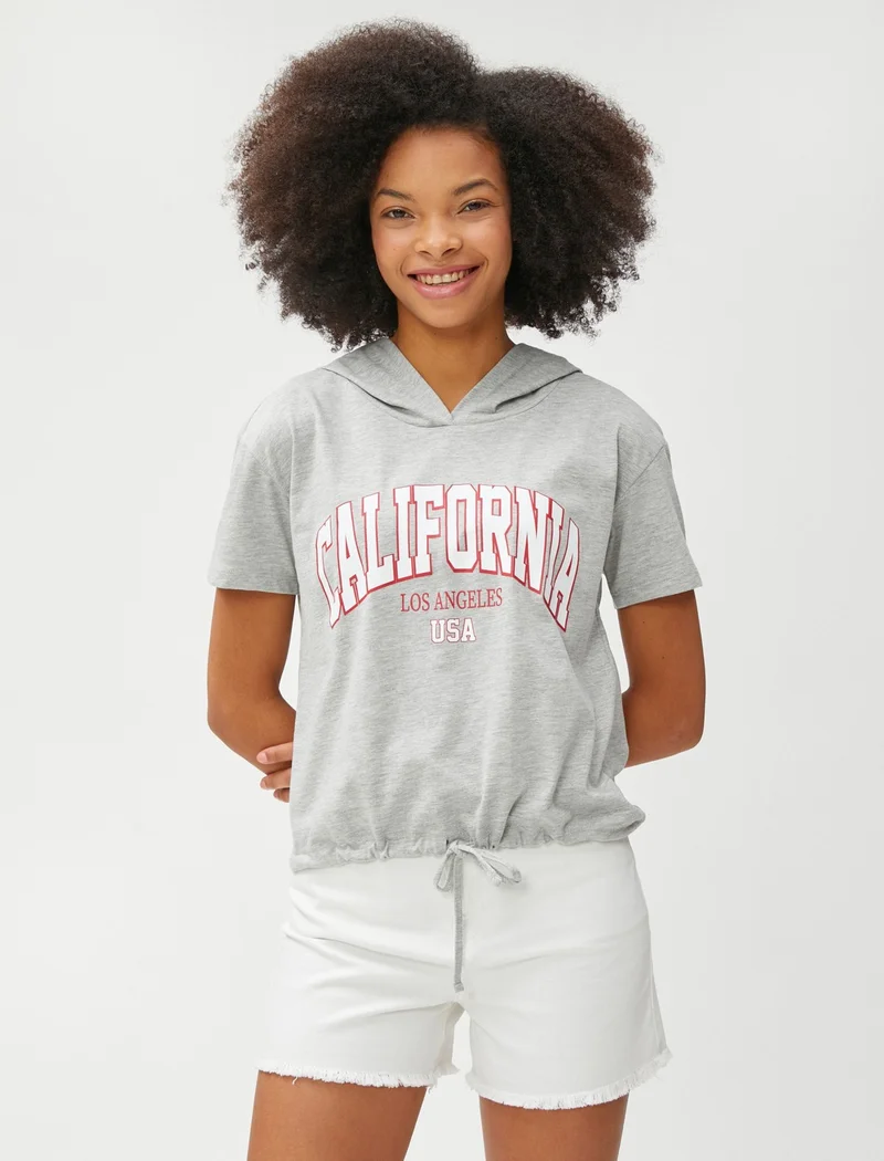 KOTON College Printed T-Shirt Crop Hooded Short Sleeve