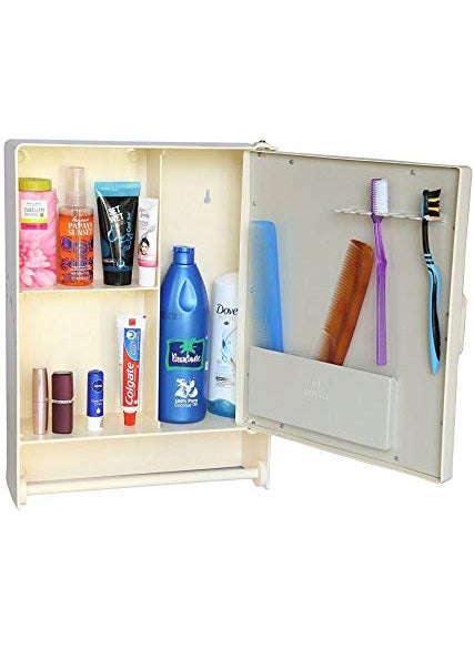 RIYA ENTERPRISE Riya EnterpriseBathroom Mirror Cabinet Plastic Cabinet with Storage Shelves and Towel Hanging Rod 12 x 16 Ivory  - Image 4