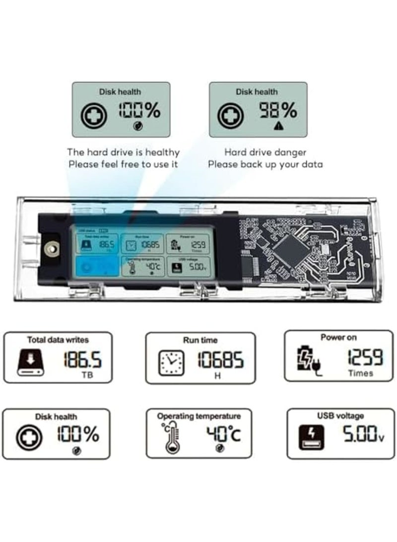 SYOSI M.2 NVMe SSD Enclosure with LCD Screen, USB 3.2 Gen 2 (10 Gbps), Transparent External SSD Adapter for 2280 PCI-E M and B&M Keys, USB Type C Converter Case (Black) - Image 2