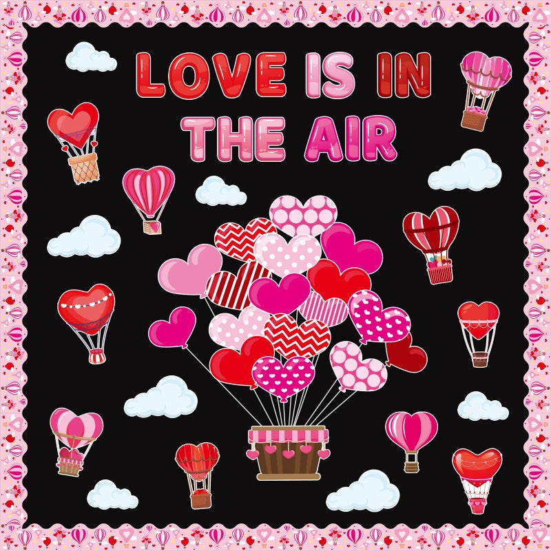 YCDMLJC Valentine'S Day Classroom Bulletin Board Sets Love Is In The Air Red Pink Love Hot Air Balloons Decorations For Wall Classroom School Party Supplies - Image 1