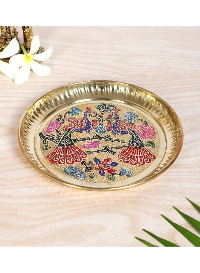 Two Moustaches 6 Inches Twin Peacock Carved Brass Pooja Thali, Puja Aarti Thali for Home Temple, Brass Pooja Plate, Multicolored, Pack of 1-Round - Image 2