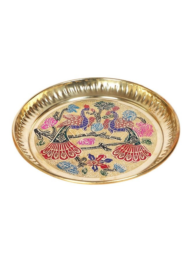 Two Moustaches 6 Inches Twin Peacock Carved Brass Pooja Thali, Puja Aarti Thali for Home Temple, Brass Pooja Plate, Multicolored, Pack of 1-Round - Image 1