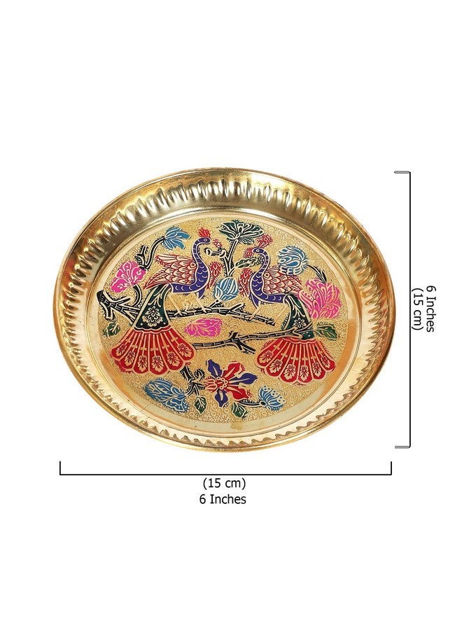 Two Moustaches 6 Inches Twin Peacock Carved Brass Pooja Thali, Puja Aarti Thali for Home Temple, Brass Pooja Plate, Multicolored, Pack of 1-Round - Image 5