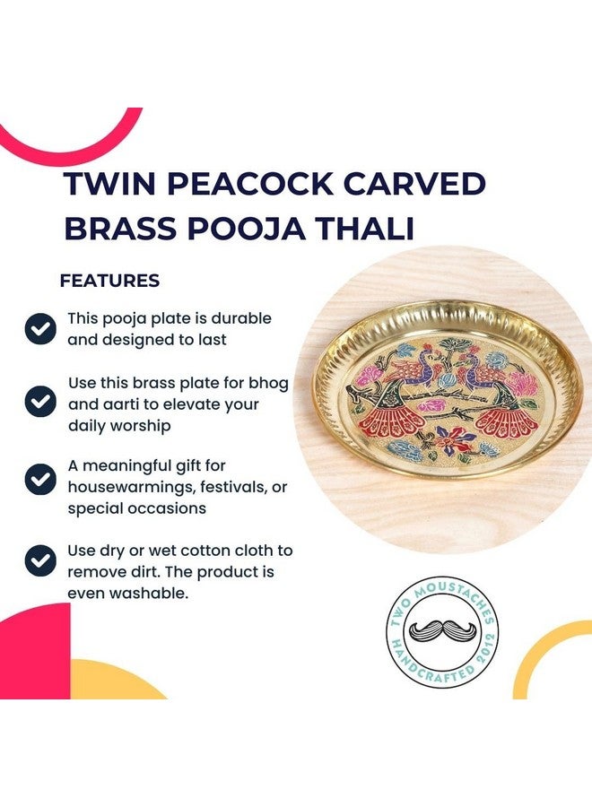 Two Moustaches 6 Inches Twin Peacock Carved Brass Pooja Thali, Puja Aarti Thali for Home Temple, Brass Pooja Plate, Multicolored, Pack of 1-Round - Image 4