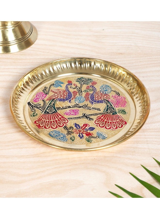 Two Moustaches 6 Inches Twin Peacock Carved Brass Pooja Thali, Puja Aarti Thali for Home Temple, Brass Pooja Plate, Multicolored, Pack of 1-Round - Image 3
