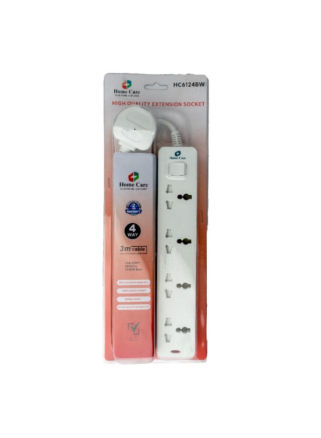 Home Care HC6124BW 4-Way Extension Board with 3 Meter Cable, Fire-Resistant Material & Safety Cover High Quality Power Strip for Home & Office (13A, 250V, 3250W Max) - Image 2