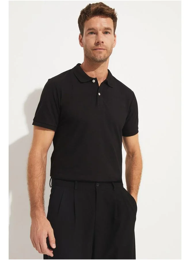 جون June Men Regular Fit 100% Cotton Polo Neck T-Shirt Black