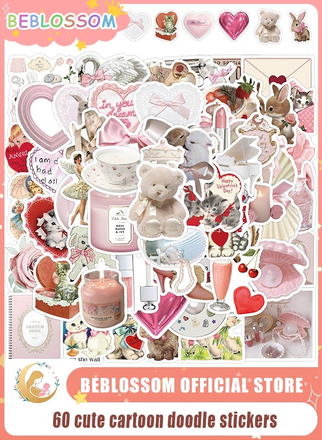 BEBLOSSOM 60 Pcs Pink Cute Cartoon Sticker Pack – Waterproof Vinyl Aesthetic Stickers for Laptops, Luggage, Water Bottles, Stationery & DIY Gifts for Kids & Girls - Image 1