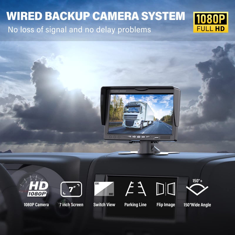 DVKNM Upgrade Dual Backup Camera Monitor Kit 7" HD 1080P Monitor IP69 Waterproof Rearview Reversing Rear View Camera for Truck Trailer Semi-Trailer Box Truck RV Pickup Truck Easy Installation (TZ102) - Image 2