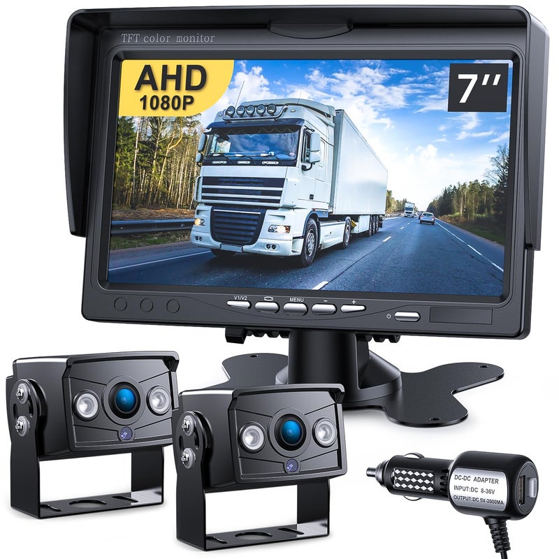 DVKNM Upgrade Dual Backup Camera Monitor Kit 7" HD 1080P Monitor IP69 Waterproof Rearview Reversing Rear View Camera for Truck Trailer Semi-Trailer Box Truck RV Pickup Truck Easy Installation (TZ102) - Image 1