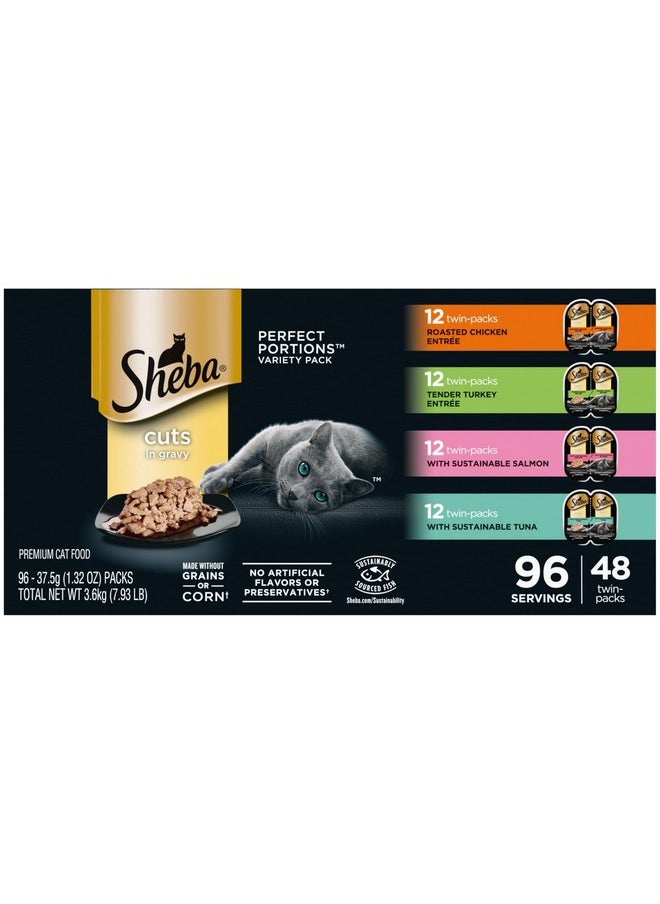 Sheba Sheba Perfect Portions Cuts in Gravy Wet Cat Food Variety Pack, Roasted Chicken Entrée, Tender Turkey Entrée, with Sustainable Salmon, and with Sustainable Tuna, 2.6 oz. Trays (48 Count, 96 Servings)  - Image 1