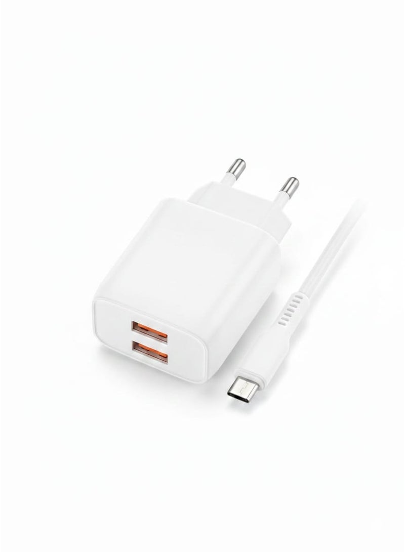 شاحن ST-100 سريع الشحن بقوة 2.1 أمبير مع منفذي USB وكابل Micro USB - أبيض.