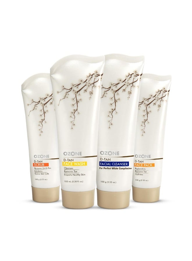 OZONE D-Tan Skin Care Combo | Instant Tan Removal For All Skin Types | Facial Cleanser, Pack, Scrub & Wash | 100gm each - Image 1