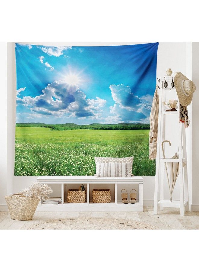 Ambesonne Landscape Tapestry Spring Landscape With Meadow By The Mountain And Sky Vivid Nature Print Home Wide Wall Hanging For Bedroom Living Room Dorm 80" X 60" Blue Green - Image 3