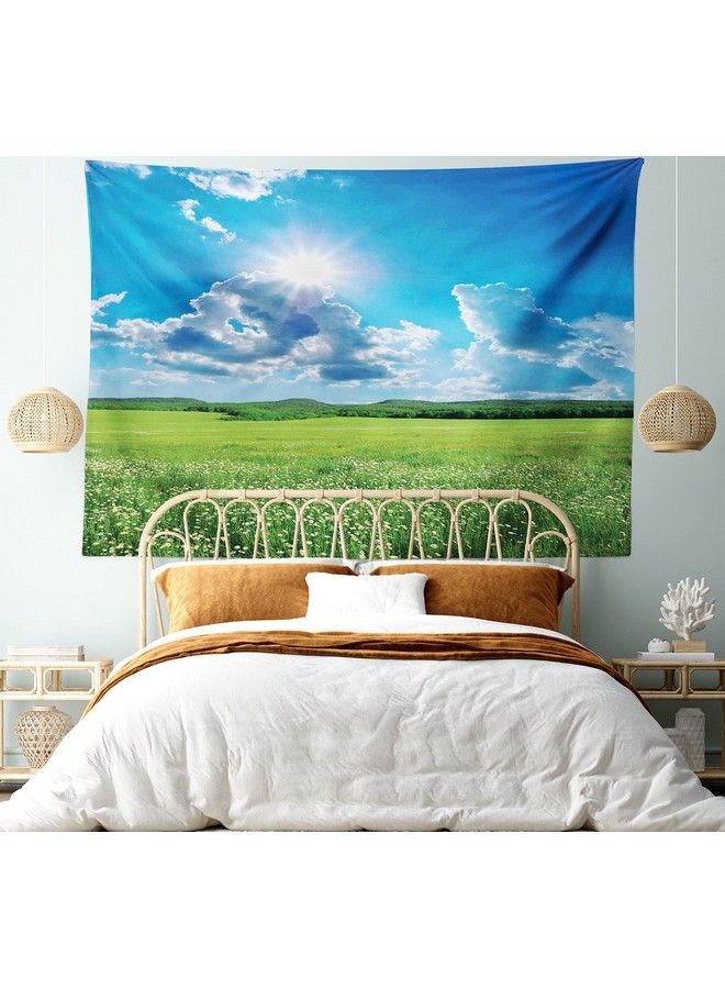 Ambesonne Landscape Tapestry Spring Landscape With Meadow By The Mountain And Sky Vivid Nature Print Home Wide Wall Hanging For Bedroom Living Room Dorm 80" X 60" Blue Green - Image 2