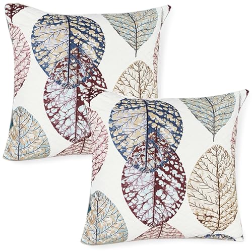 HOKIPO 'HomeHues Series' Printed Quilted Sofa Cushion Cover 22x22 Inches, Set of 2, Multicolor Linden Leaf (IN-820-D7*2) - Image 1