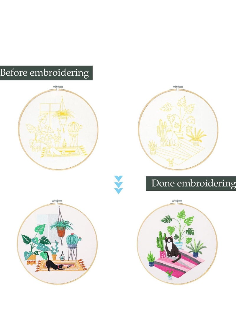 SYOSI - 4 Pack Embroidery kit with Patterns and Instructions for Beginners Cross Stitch Kits Adults, Clothes Plant Cat Pattern, 2 Hoops, Color Threads Scissor - Image 1