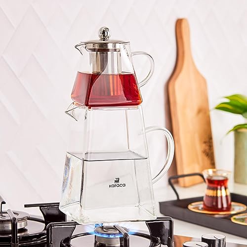 Karaca Giza Borosilicate Glass Teapot with Infuser and Lid for Stovetop, Transparent, 0.45.L Tea Pot & 1.5L Tea Kettle Set for Loose Leaf & Herbal, Dishwasher Safe - Image 2