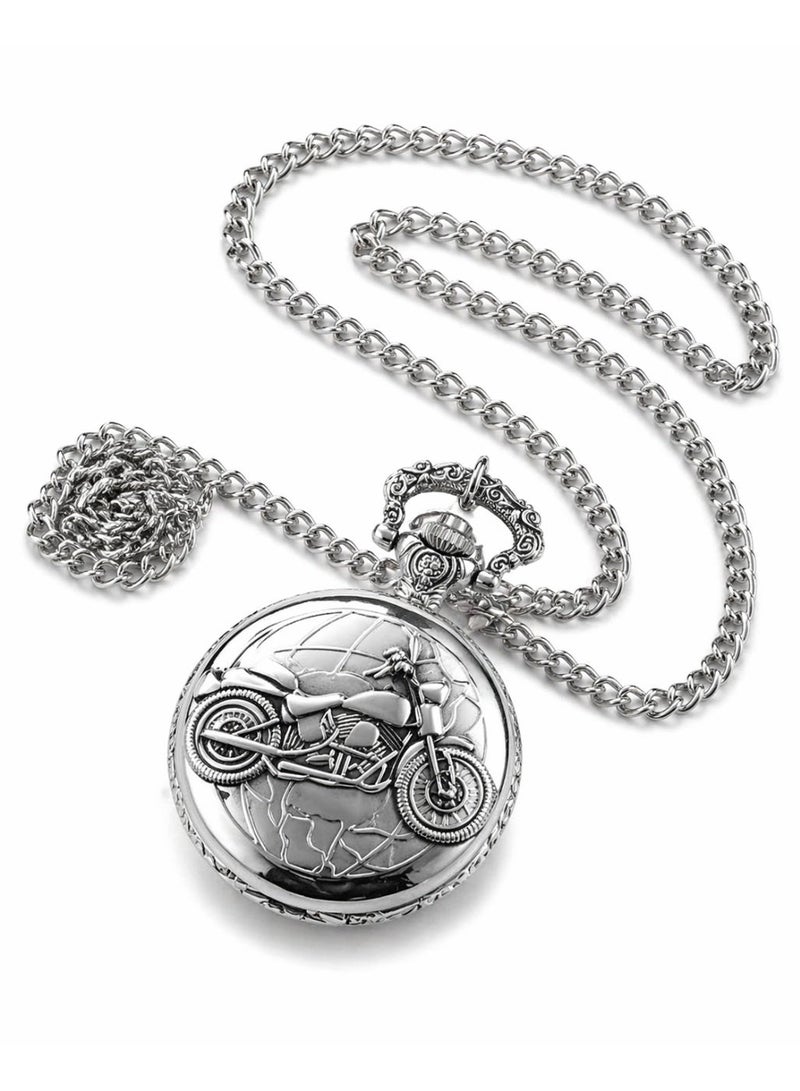 Bab Marrakech Boutique Vintage Pocket Watch Necklace for Men – Motorcycle Design Quartz Pendant Watch with Chain – Retro Antique Bronze & Silver Classic Gift for Bikers & Collectors - Image 1