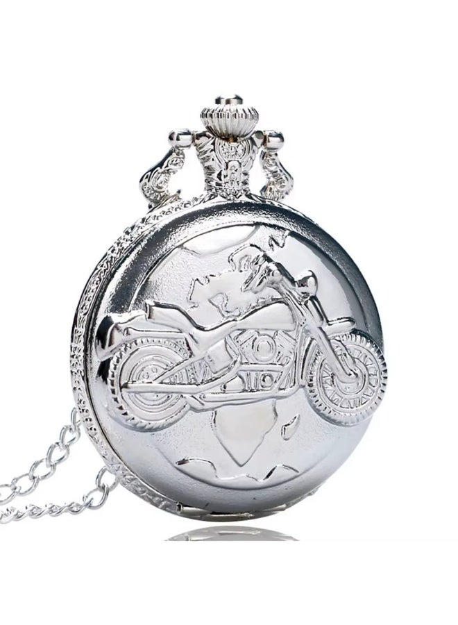 Bab Marrakech Boutique Vintage Pocket Watch Necklace for Men – Motorcycle Design Quartz Pendant Watch with Chain – Retro Antique Bronze & Silver Classic Gift for Bikers & Collectors - Image 4