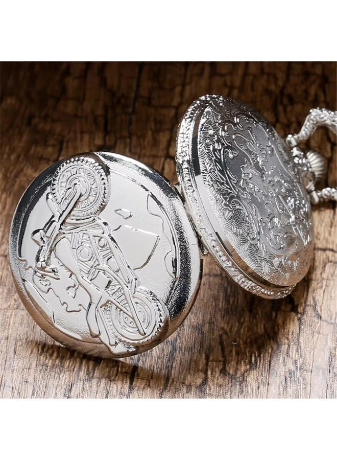 Bab Marrakech Boutique Vintage Pocket Watch Necklace for Men – Motorcycle Design Quartz Pendant Watch with Chain – Retro Antique Bronze & Silver Classic Gift for Bikers & Collectors - Image 3