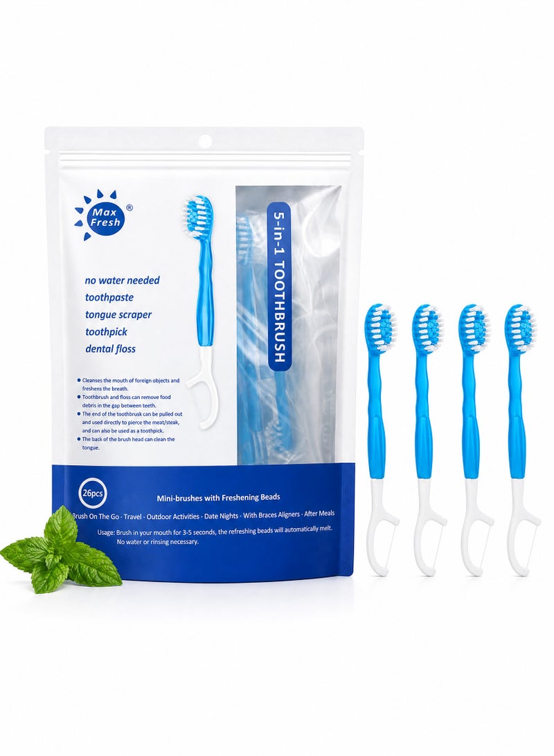 MAX FRESH 5 in 1 Mini Brushes-Disposable Toothbrushes with Toothpaste + Floss + Pick + Tongue Scraper | Travel Size | Individually Wrapped | Soft | Mint | Travel Set (Mint, 26 pcs) - Image 1