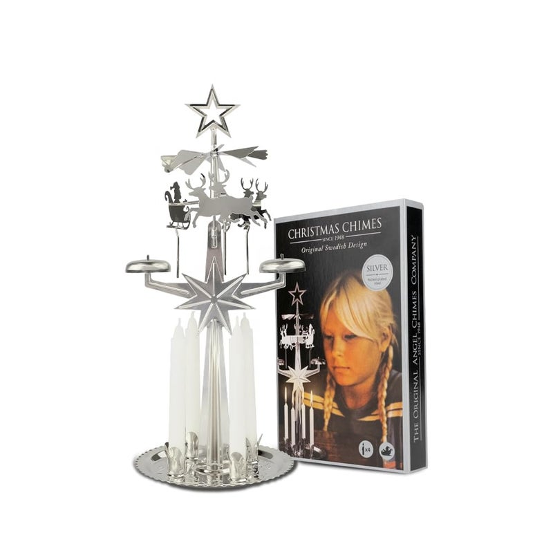 Angel Chimes Original Swedish Christmas Chimes Carousel and 4 Candles Scandinavian Spinning Festive Chimes for Christmas Best Memorial Gift Since 1948 Home Decorations Silver - Image 2