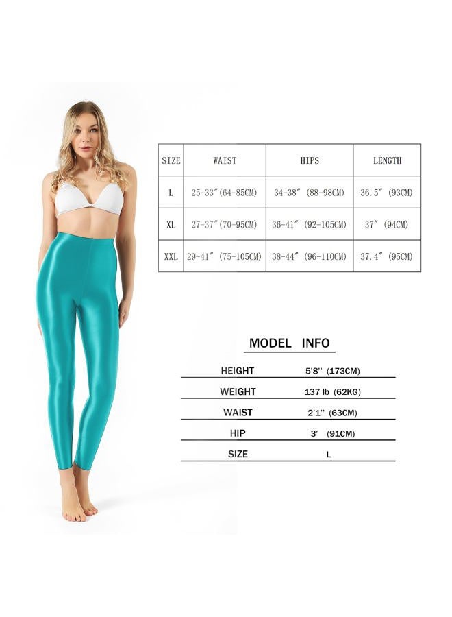 SOFSOT Plus Size High Waist Workout Leggings Shiny Pilates Pants Shimmer Yoga Tights for Women Aqua Green - Image 2