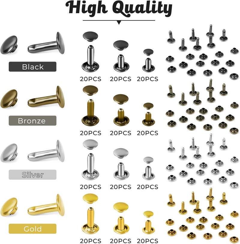 Jetmore 240 Sets Leather Rivets Kit, Double Cap Brass Rivets Leather Studs with 3PCS Setting Tools for Leather Repair and Crafts, 4 Colors and 3 Sizes - Image 3