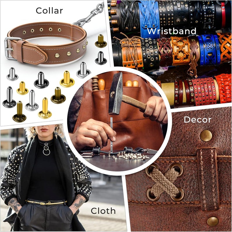 Jetmore 240 Sets Leather Rivets Kit, Double Cap Brass Rivets Leather Studs with 3PCS Setting Tools for Leather Repair and Crafts, 4 Colors and 3 Sizes - Image 5