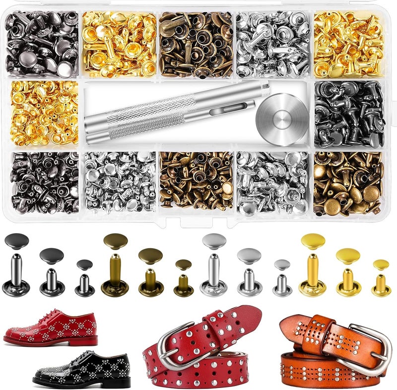 Jetmore 240 Sets Leather Rivets Kit, Double Cap Brass Rivets Leather Studs with 3PCS Setting Tools for Leather Repair and Crafts, 4 Colors and 3 Sizes - Image 1