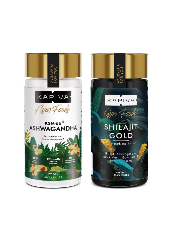 Kapiva Shilajit Gold 60 Capsules + KSM-66 Ashwagandha 500mg 60 Capsules | Stamina, Strength & Stress Relief | Ayurvedic Adaptogens with 24K Gold, Withanolides & 12 Action He - Image 1