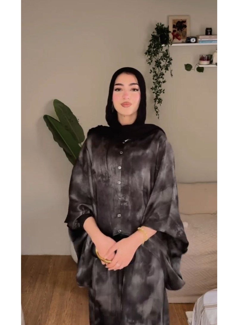 سوت نسائي قطعتين برينت ستان أرماني مستورد  شيميز أزرار أوفر سايز وبنطلون وايد ليج  وان سايز مناسب حتى 85 كجم  كود 4073 - Image 5