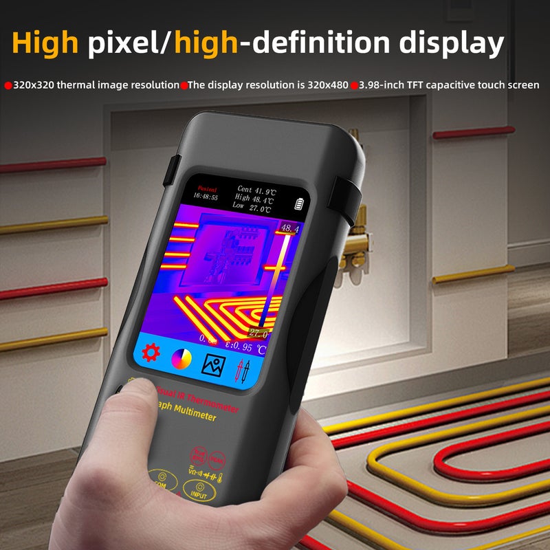 مقياس متعدد الاستخدامات بالتصوير الحراري، دقة 320×320، كاميرا الأشعة تحت الحمراء بتردد 25 هرتز، شاشة لمس مقاس 3.98 بوصة، يقيس التيار المتردد/المباشر بقدرة 10 أمبير، شاشة عرض 20000 كلمة، 15 لوحة ألوان، نطاق تلقائي - Image 5