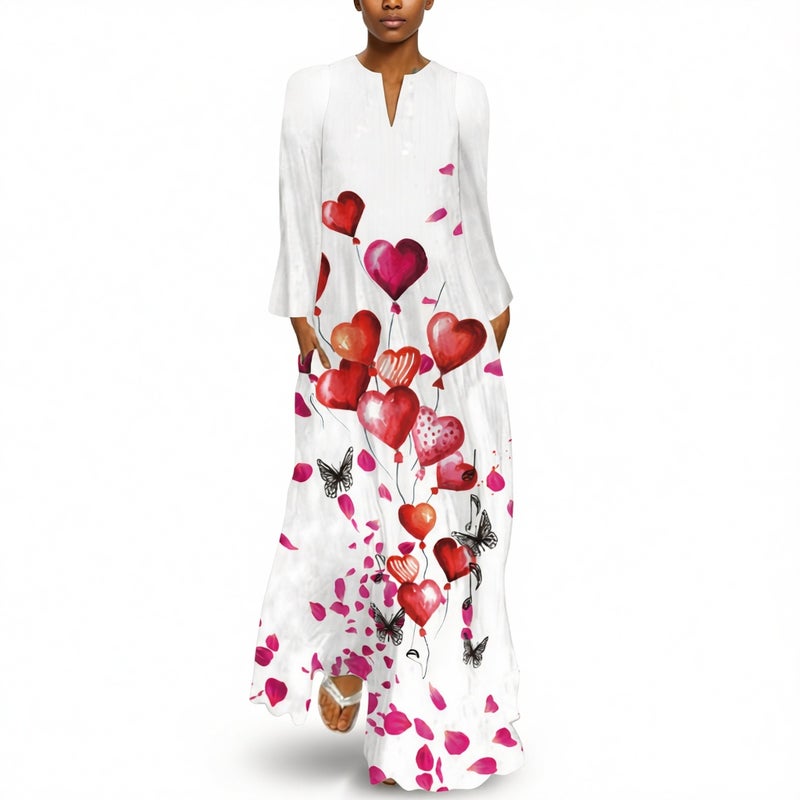 Women's V-Neck Long Sleeve Maxi Dress with Pockets - Image 2
