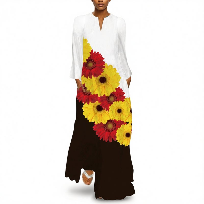 Women's V-Neck Long Sleeve Maxi Dress with Pockets - Image 3