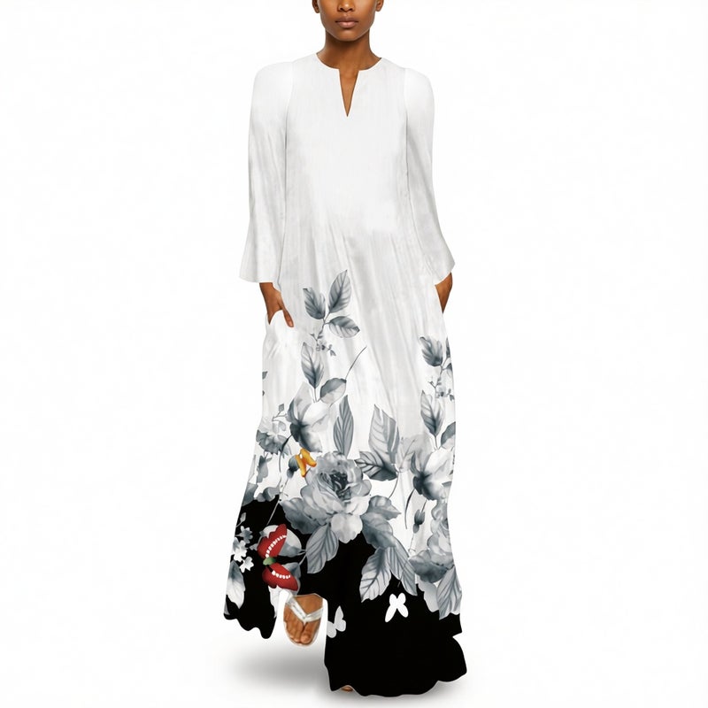 Women's V-Neck Long Sleeve Maxi Dress with Pockets - Image 4