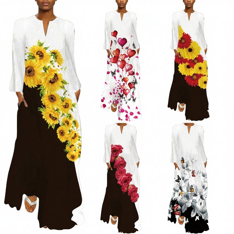 Women's V-Neck Long Sleeve Maxi Dress with Pockets - Image 1
