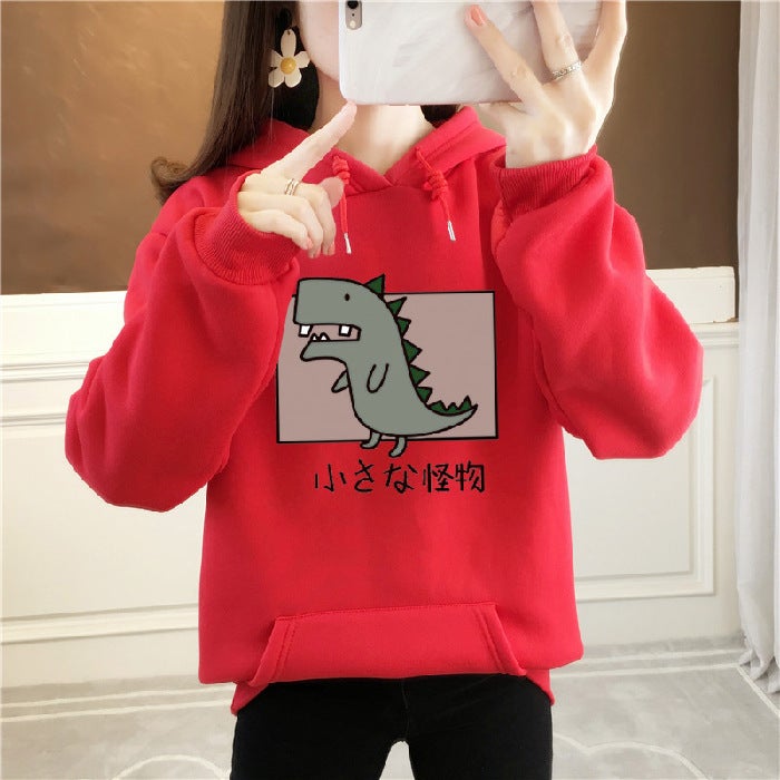 2022 Autumn Winter Hoodie Women Fleece Thickened Korean Oversized Red 