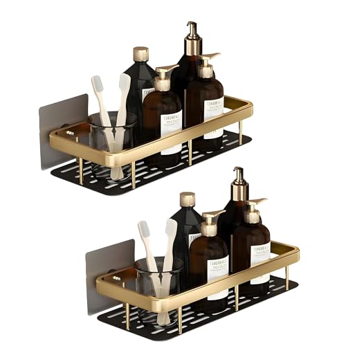 Boniry 2 Pcs Aluminium Heavy Duty Self Adhesive Bathroom Shelf for Wall, Multipurpose Wall Mounted Bathroom Organiser, Washroom Organizer (Gold) - Image 1