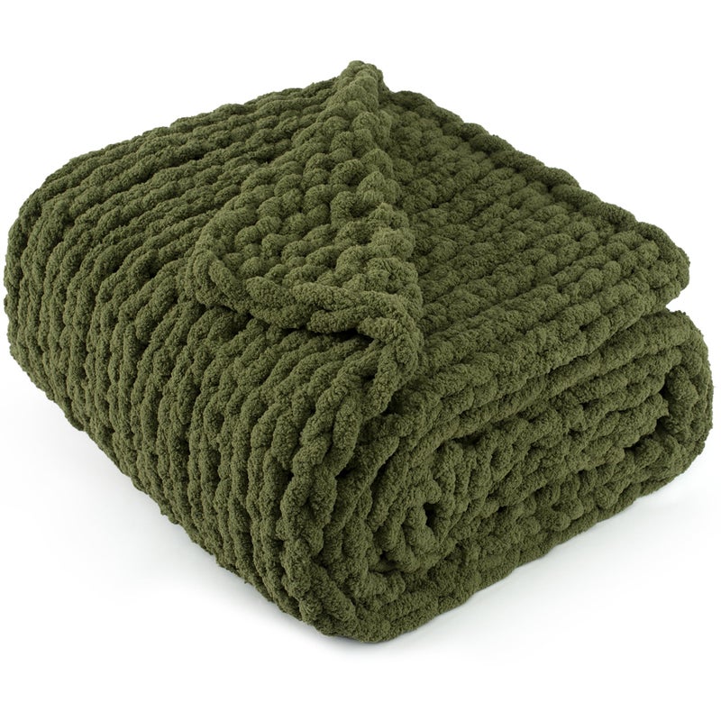 LONG CREATE Chunky Knit Throw Blanket 50X 60 100 Handmade with Soft Chenille Yarn 44lbs Thick Cable Knitted Blankets Large Rope Knot Crochet Throws for Couch Sofa Bed Home Decor Olive Green