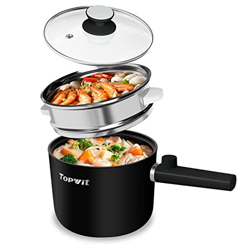 Topwit Hot Pot Electric with Steamer, 1.5L Ramen Cooker, Non-Stick Frying Pan, Electric Pot for Pasta, BPA Free, Electric Cooker with Dual Power Control, Over-Heating & Boil Dry Protection, Black - Image 1