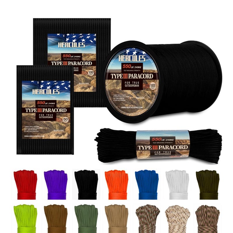 HERCULES Type III Paracord 550 Rope Parachute Cord, 100' Black for Survival Rope, Survival Cord - Image 1