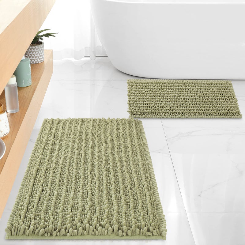 Floleopa الفاخرة Chenille Sage Green Bathrate Srugs تحدد الحصير الناعم والامتصاص سجاد الحمام غير المتجانس غسل الحصير الجاف (32 "" x20 "بالإضافة إلى 17" "x24")