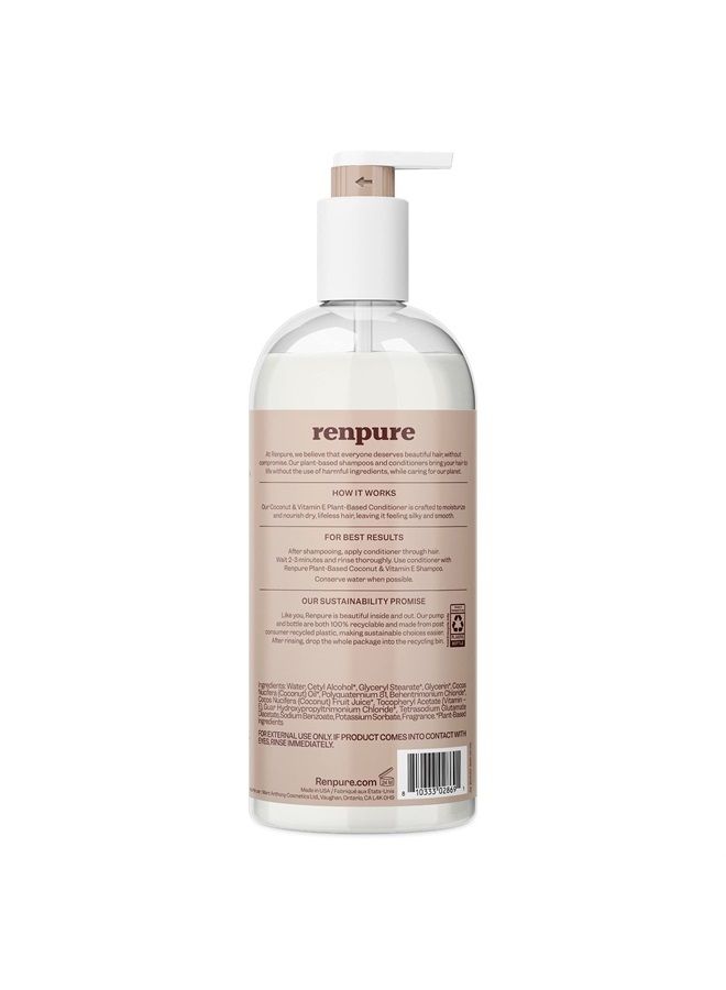Renpure Plant Based Coconut and Vitamin E Moisturize and Replenish Conditioner - Ideal for Dry, Lifeless Hair - Leaves Hair Silky and Smooth - Paraben Free - Recyclable, Pump Bottle Design - 24 fl oz