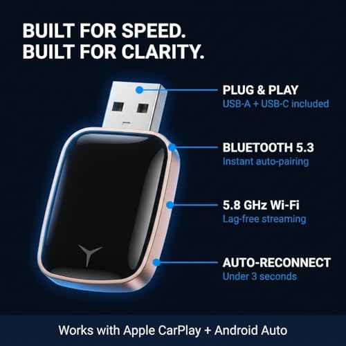 inveXo Wireless Android Auto & CarPlay Adapter Receiver | Convert Wired to Wireless. Plug & Play. Bluetooth 5.3 & 5.8GHz WiFi. USB-A,Type-C | for Cars with OEM Wired Android Auto/CarPlay (Black) - Image 3