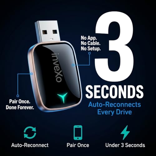 inveXo Wireless Android Auto & CarPlay Adapter Receiver | Convert Wired to Wireless. Plug & Play. Bluetooth 5.3 & 5.8GHz WiFi. USB-A,Type-C | for Cars with OEM Wired Android Auto/CarPlay (Black) - Image 4